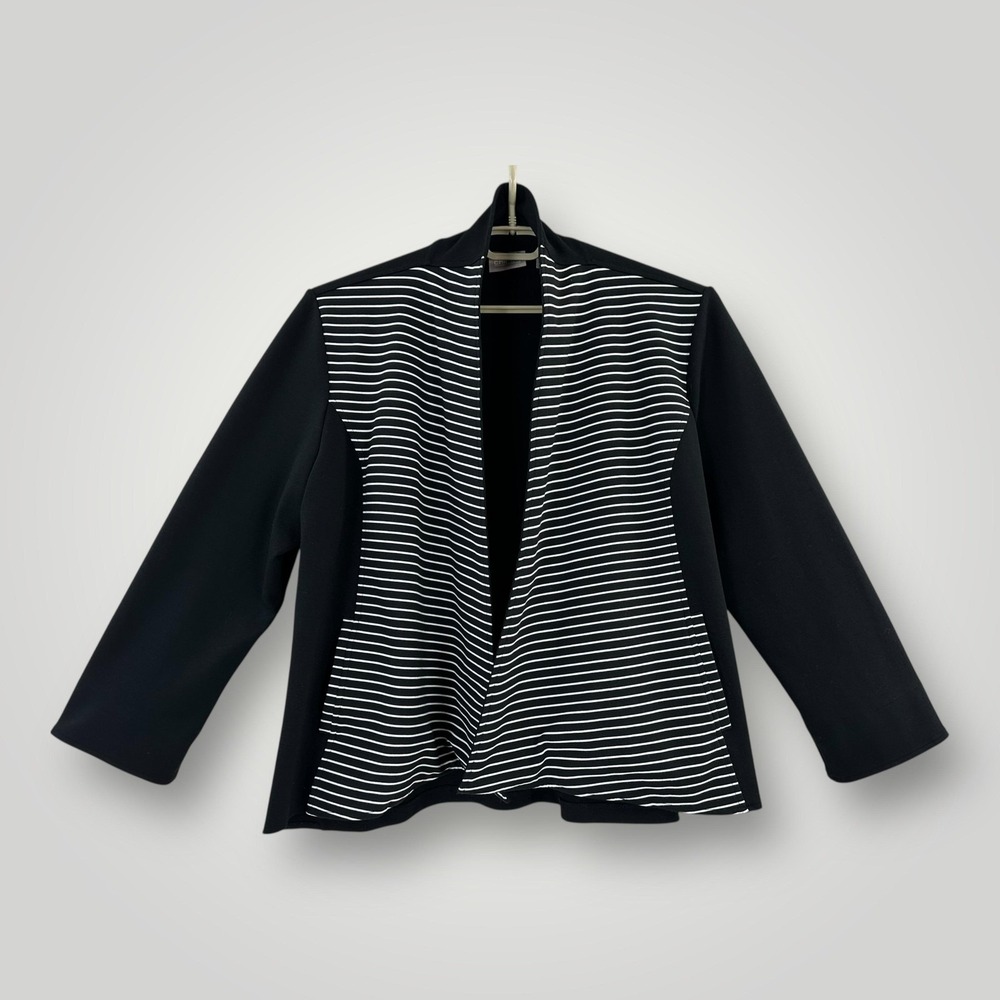 Chicos Jacket Womens 3 (XL) Black White Stripe Open Front Knit Stretch Casual‎